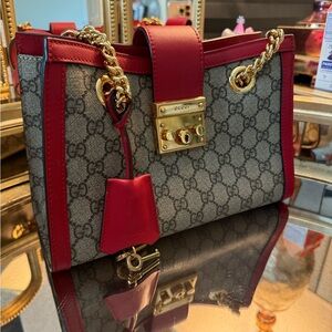 Gucci Red and Gray Shoulder Bag with Gold Accents